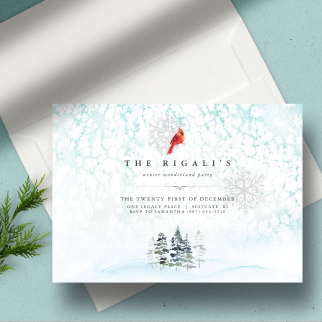 Invitación Pinos de invierno elegantes Navidad acuarela (Christmas invitations watercolor winter pine trees and cardinal blue snowy scene)
