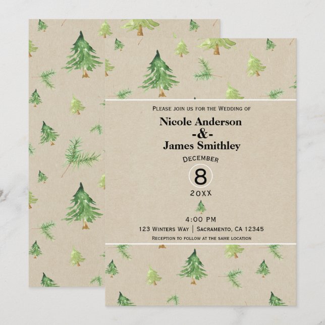 Invitación Pinos en Acuarela Kraft Bodas Rústicas de Invierno (Anverso / Reverso)