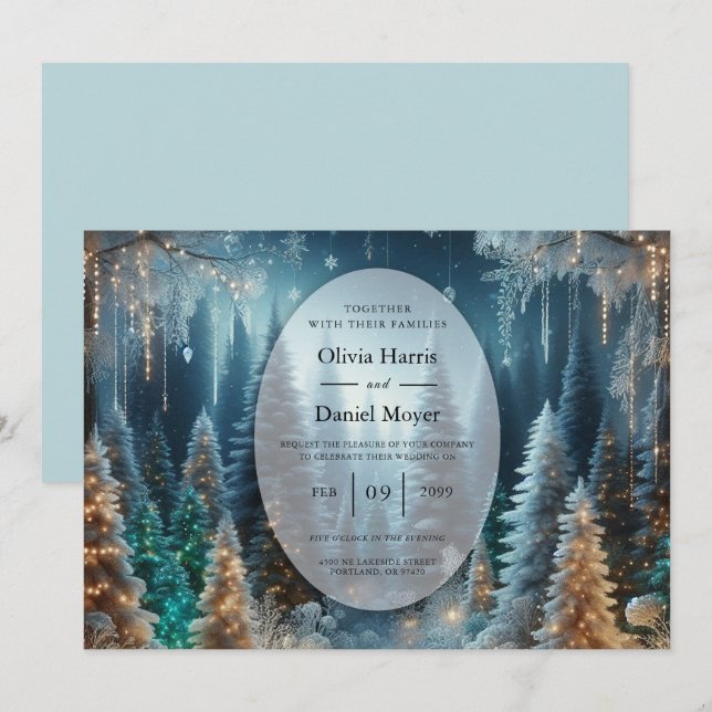 Invitación Pinos escarchados en Boda de brillo invernal (Anverso / Reverso)