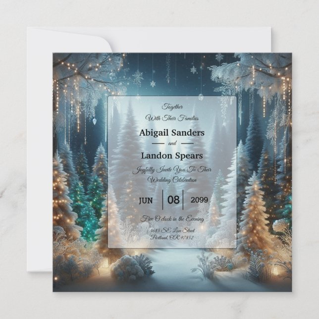 Invitación Pinos escarchados en Boda de brillo invernal (Anverso)