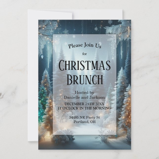 Invitación Pinos escarchados en brunch Navidades relucientes (Anverso)