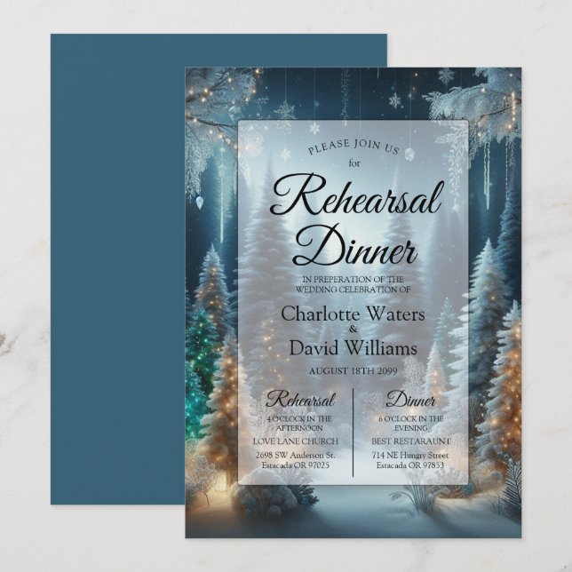 Invitación Pinos escarchados en la cena de ensayo de invierno (Anverso / Reverso)