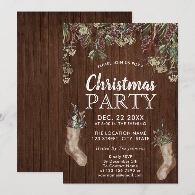 Invitación PINOS FROTISTAS | Fiesta de Navidades Rustic Wood  (Anverso / Reverso)
