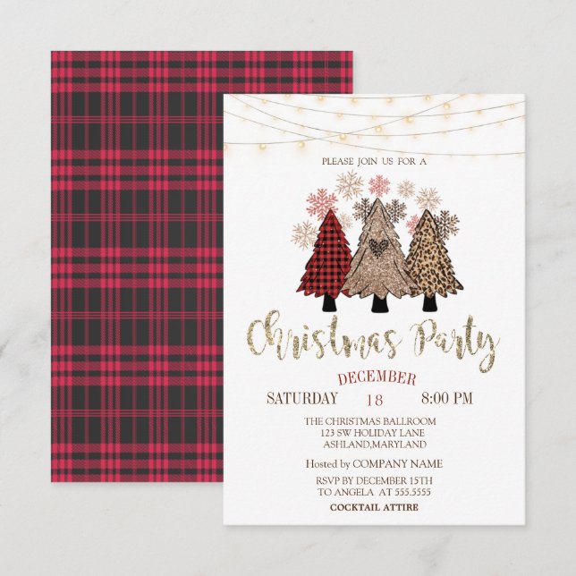 Invitación Pinos, Luces, Navidades de Buffalo Fiesta (Anverso / Reverso)
