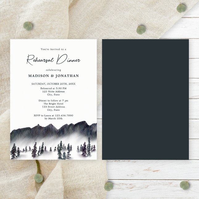 Invitación Pinos y montañas Boda Ensayo Cena (Front/Back)