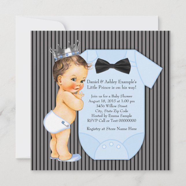 Invitación Pinstripe Black Blue Prince Baby Shower (Anverso)