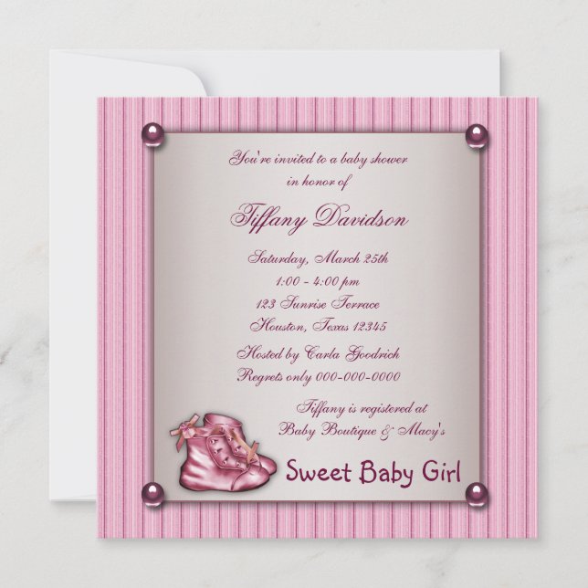Invitación Pinstripe rosa Booties rosados Vintage Baby Girl (Anverso)