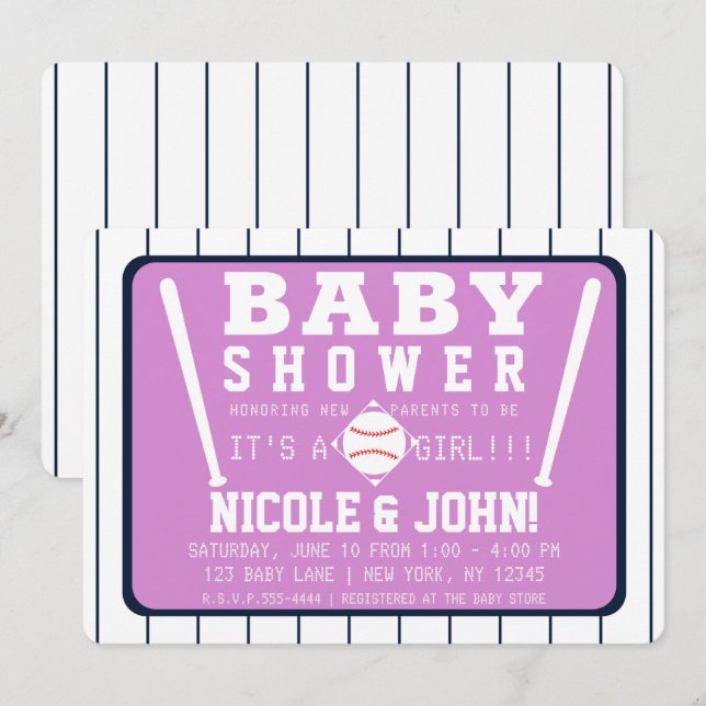 Invitación Pinstripes Blancas Púrpura Baby Shower de béisbol (Anverso / Reverso)