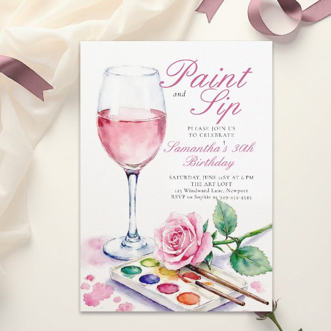Invitación Pinta Bebe Fiesta de Vino Rosa Floral Cumpleaños 3 (30th birthday party invitation for women paint and sip wine watercolor floral pink elegant template)