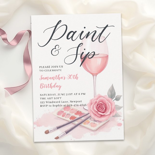 Invitación Pinta Bebe Fiesta de Vino Rosa Rosado Cumpleaños 3 (30th birthday party invitation for women paint and sip wine watercolor blush pink elegant template)