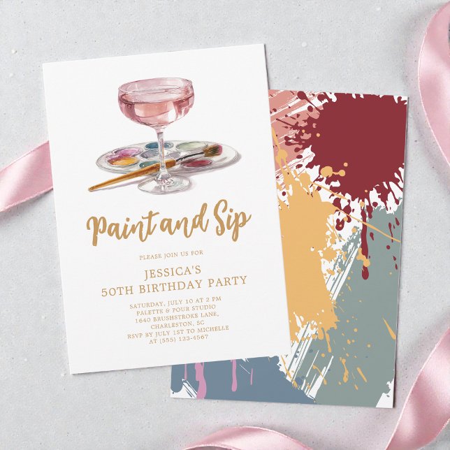 Invitación Pinta con Acuarela y Bebe en la Fiesta de Cumpleañ (Watercolor Drink Paint and Sip 50th Birthday Party Invitation)