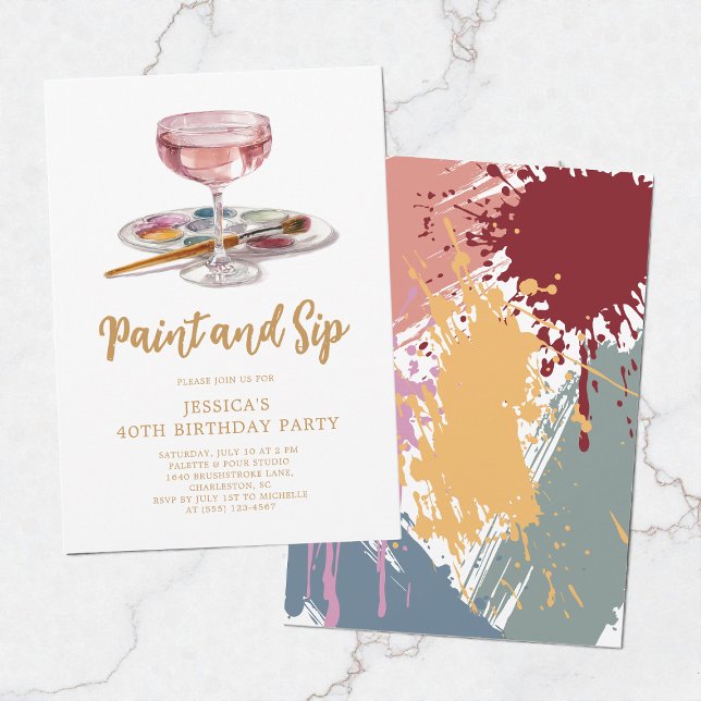 Invitación Pinta y bebe acuarela cumpleaños 40 (Watercolor Drink Paint and Sip 40th Birthday Party Invitation)