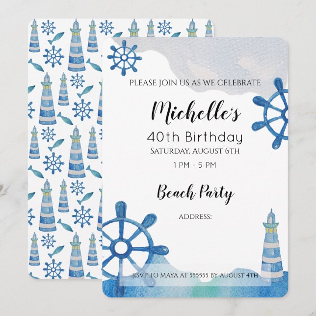 Invitación pintada a mano acuarela de la playa del (Anverso / Reverso)