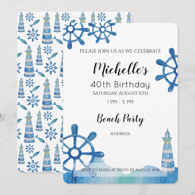 Invitación pintada a mano de Lighthouse Beach Wate (Anverso / Reverso)