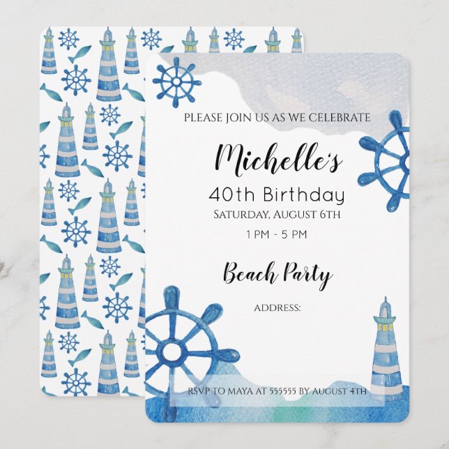 Invitación pintada a mano de Lighthouse Beach Wate (Anverso / Reverso)
