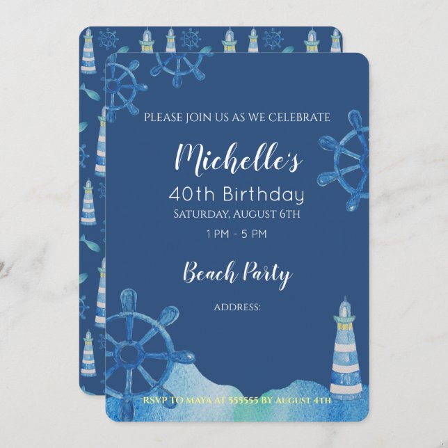 Invitación pintada a mano de Lighthouse Beach Wate (Anverso / Reverso)