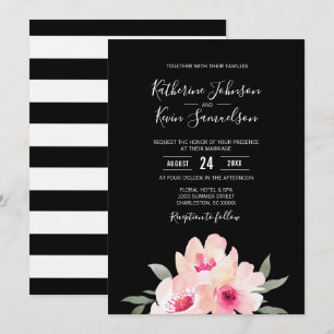 Invitación Pintada acuarela Rubor Boda floral negro rosa