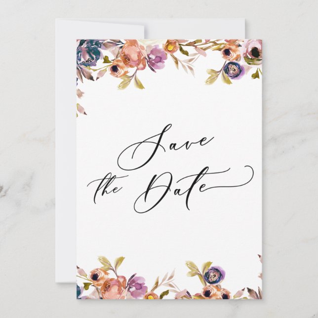 Invitación Pintada caligrafía de lujo florals Guardar la fech (Anverso)