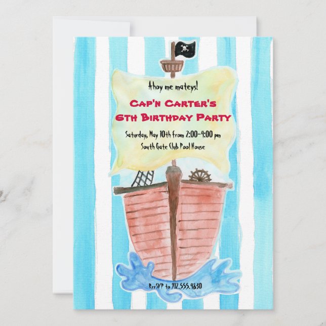 Invitación pintada del cumpleaños del barco pirata (Anverso)
