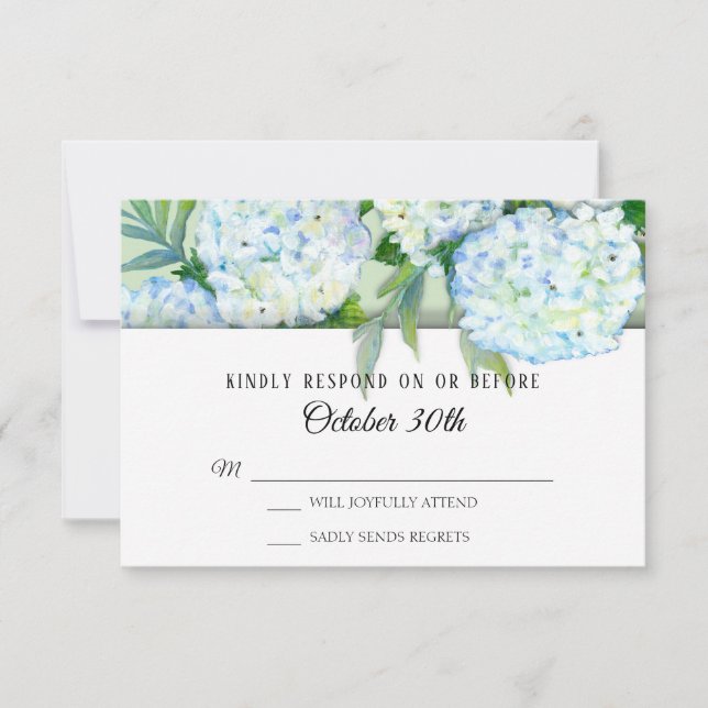Invitación Pintada Hydrangea Floral Mint n Blue RSVP Boda (Anverso)