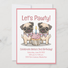 Invitación Pintada tarta de perros pug de cumpleaños
