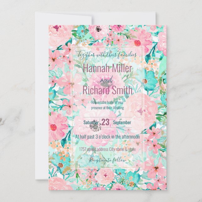 Invitación Pintado de la mano de la acuarela floral de bonito (Anverso)