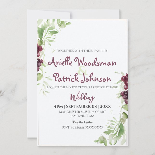 Invitación Pintado Minimalista de Boda de uva acuarela (Anverso)