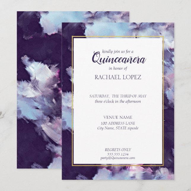 Invitación Pintado púrpura y dorado Resumen Quinceanera (Anverso / Reverso)