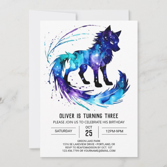 Invitación Pintado simple cumpleaños de Wolf Digital Boy (Anverso)