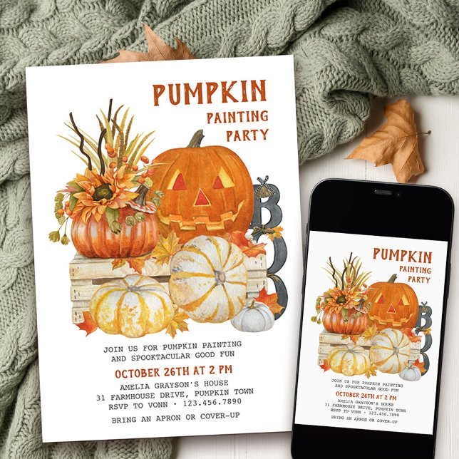 Invitación Pintando calabaza Rustic Farmhouse Halloween Party (Pumpkin Painting Party with halloween carved pumpkin )