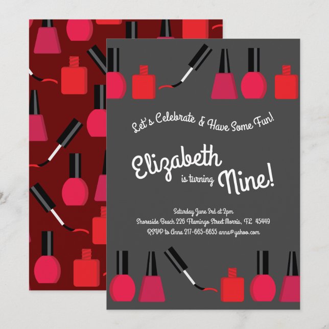 Invitación Pintando uñas, fiesta de cumpleaños de las niñas p (Anverso / Reverso)