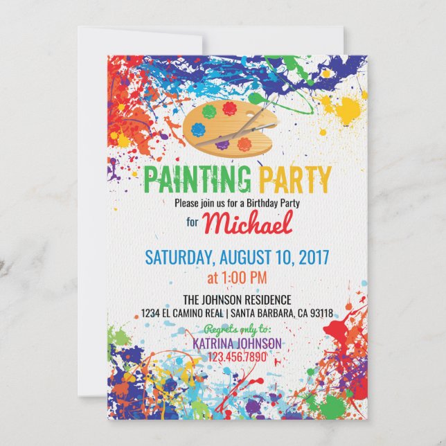 Invitación Pintar paleta de artista salpicado Cumpleaños (Anverso)