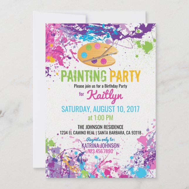 Invitación Pintar paleta de artista salpicado Cumpleaños (Anverso)