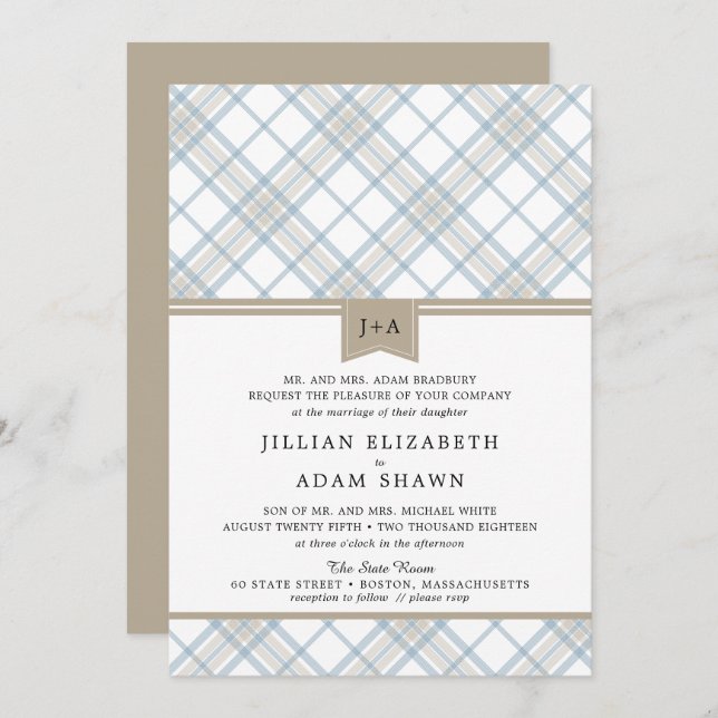 Invitación Pintar simplemente azul y moreno con Boda de monog (Anverso / Reverso)