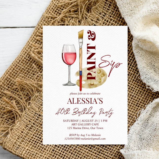 Invitación Pintar y sorber fiesta con tema artístico (Paint and sip wine and art themed party invitation editable template art painting birthday invite)