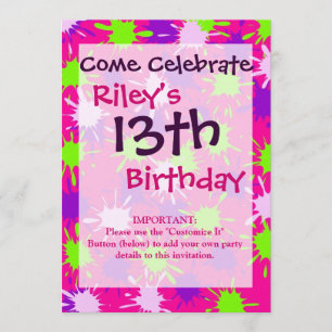 Invitación Pintas de pintura verde rosa pálido morado calient