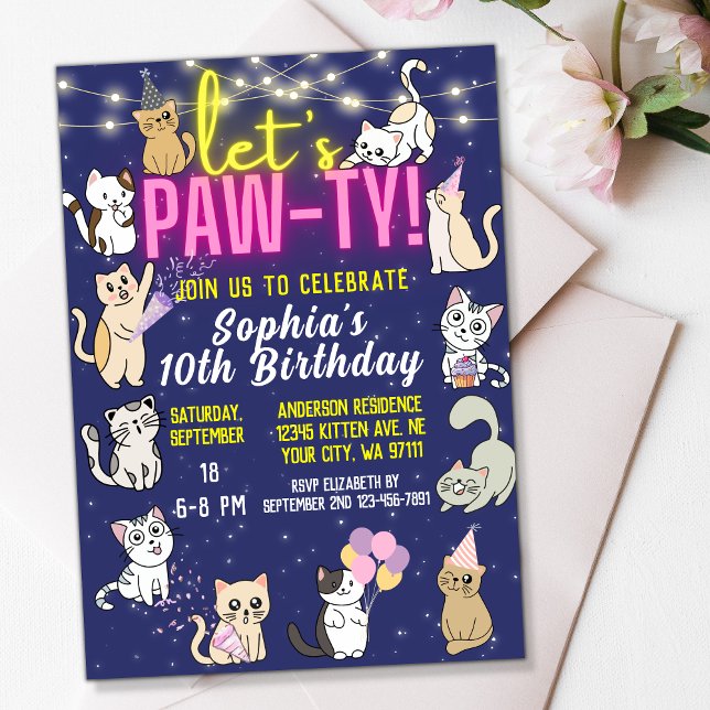 Invitación Pintemos a Neon Fiesta de gatos de gatitos rosados (Subido por el creador)