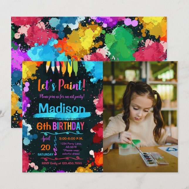 Invitación Pintemos la fiesta de cumpleaños del arte foto neg (Anverso / Reverso)
