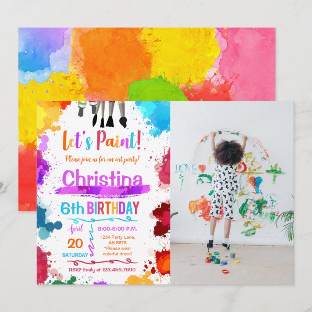 Invitación Pintemos la foto blanca de la fiesta de cumpleaños (Anverso / Reverso)