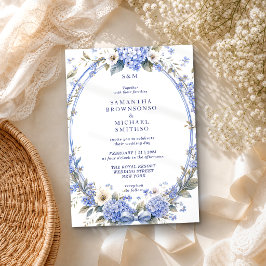 Invitación Pintura Acuarela Azul Floral Boda Clásica
