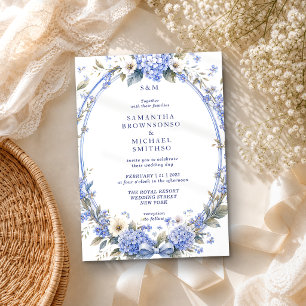 Invitación Pintura Acuarela Azul Floral Boda Clásica