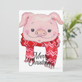 Invitación Pintura acuarela de cerdo rosa con bufanda roja