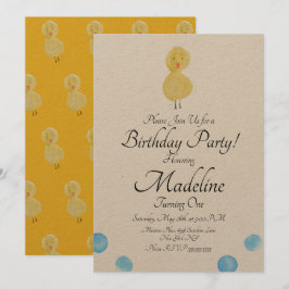 Invitación Pintura Acuarela de Pato Cumpleaños Número Uno Fie