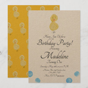 Invitación Pintura Acuarela de Pato Cumpleaños Número Uno Fie