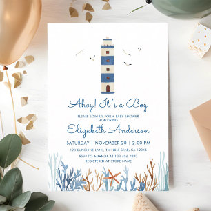 Invitación Pintura al agua de faro Ahoy Niño Baby Shower