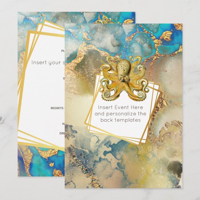 Invitación Pintura al agua de pulpo dorado azul marrón náutic (Anverso / Reverso)