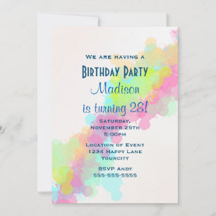 Invitación Pintura al agua mancha de pintura cumpleaños color