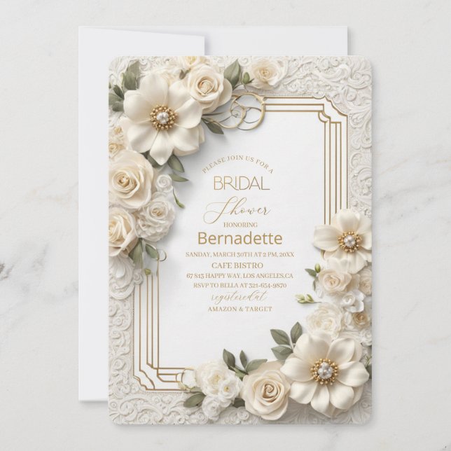 Invitación Pintura con acuarela flores blancas 3D doradas  De (Anverso)
