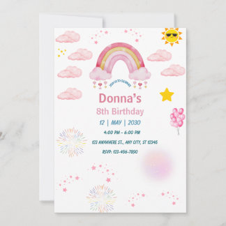 Invitación Pintura de acuarela rosa pastel arcoíris lindo niñ