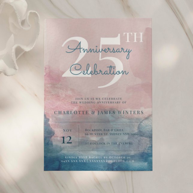 Invitación Pintura de acuarela rosa y azul 25 aniversario (Subido por el creador)